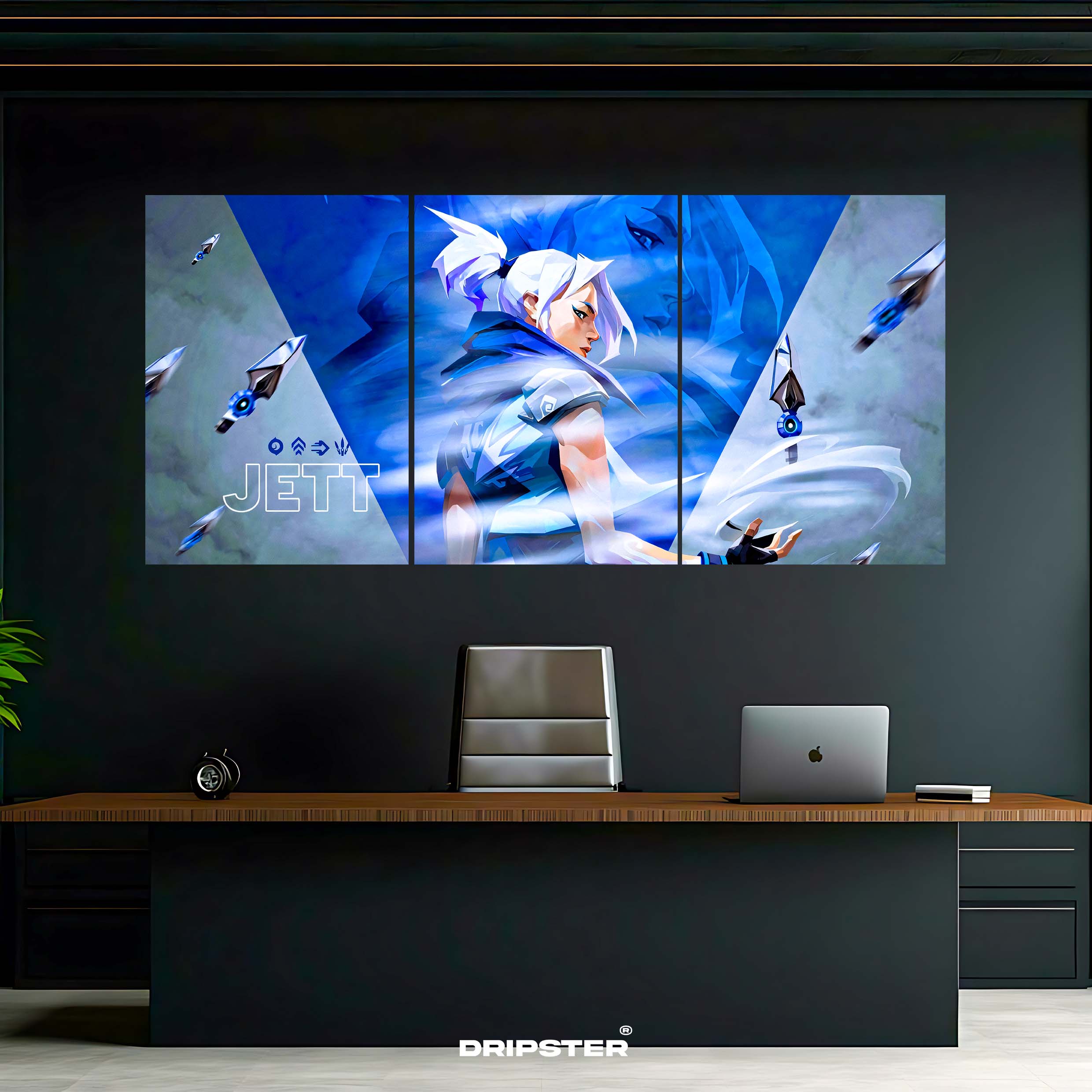 Jett Valorant wall poster by Dripster showcasing the character Jett in a three-panel design above a modern office desk