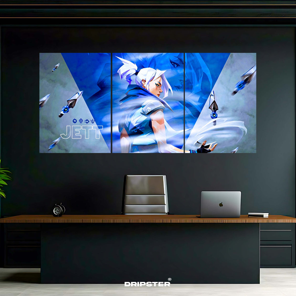 Jett Valorant wall poster by Dripster showcasing the character Jett in a three-panel design above a modern office desk