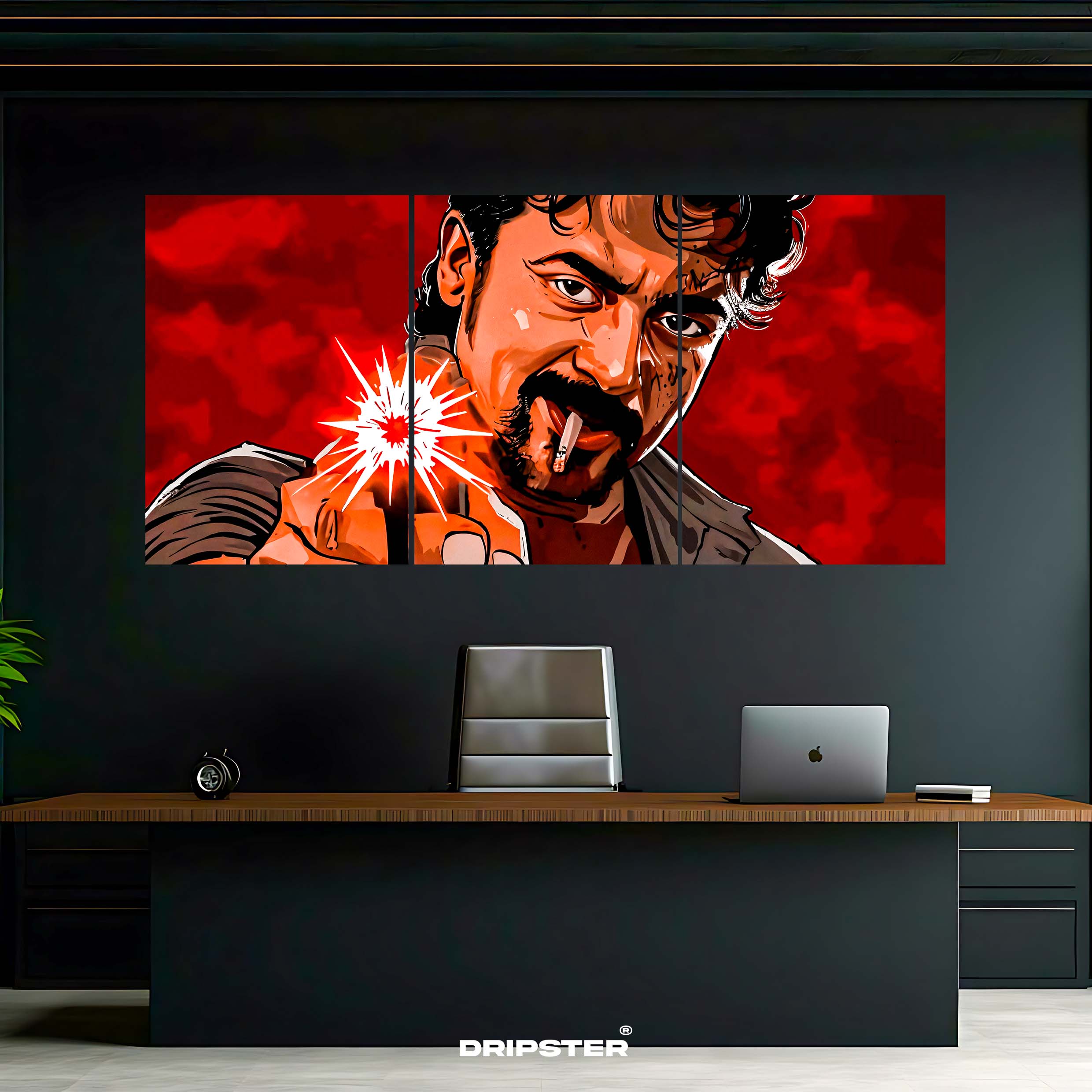 Mass hero poster set featuring intense close-up artwork of a man with a red background above an office desk