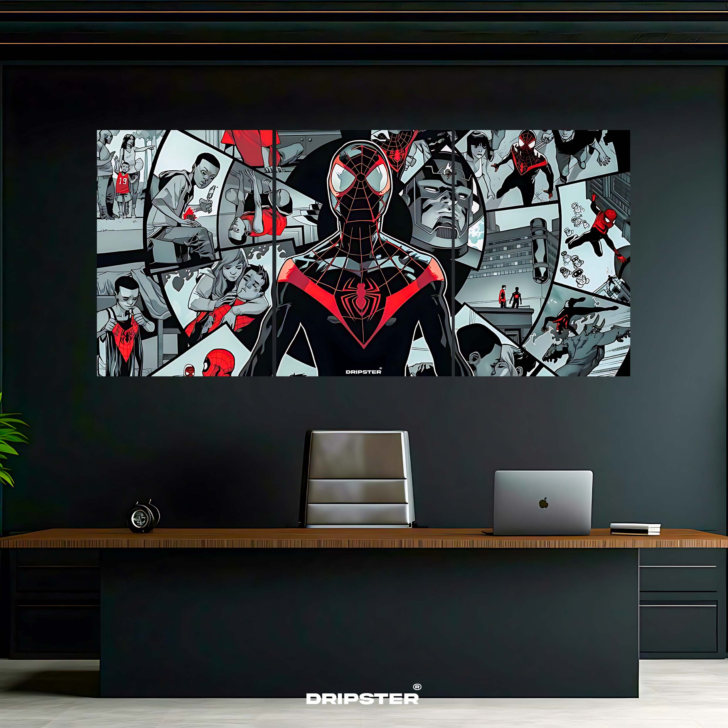 Miles Morales Spider-Verse poster set by Dripster featuring black and red comic art panels hanging above modern office desk