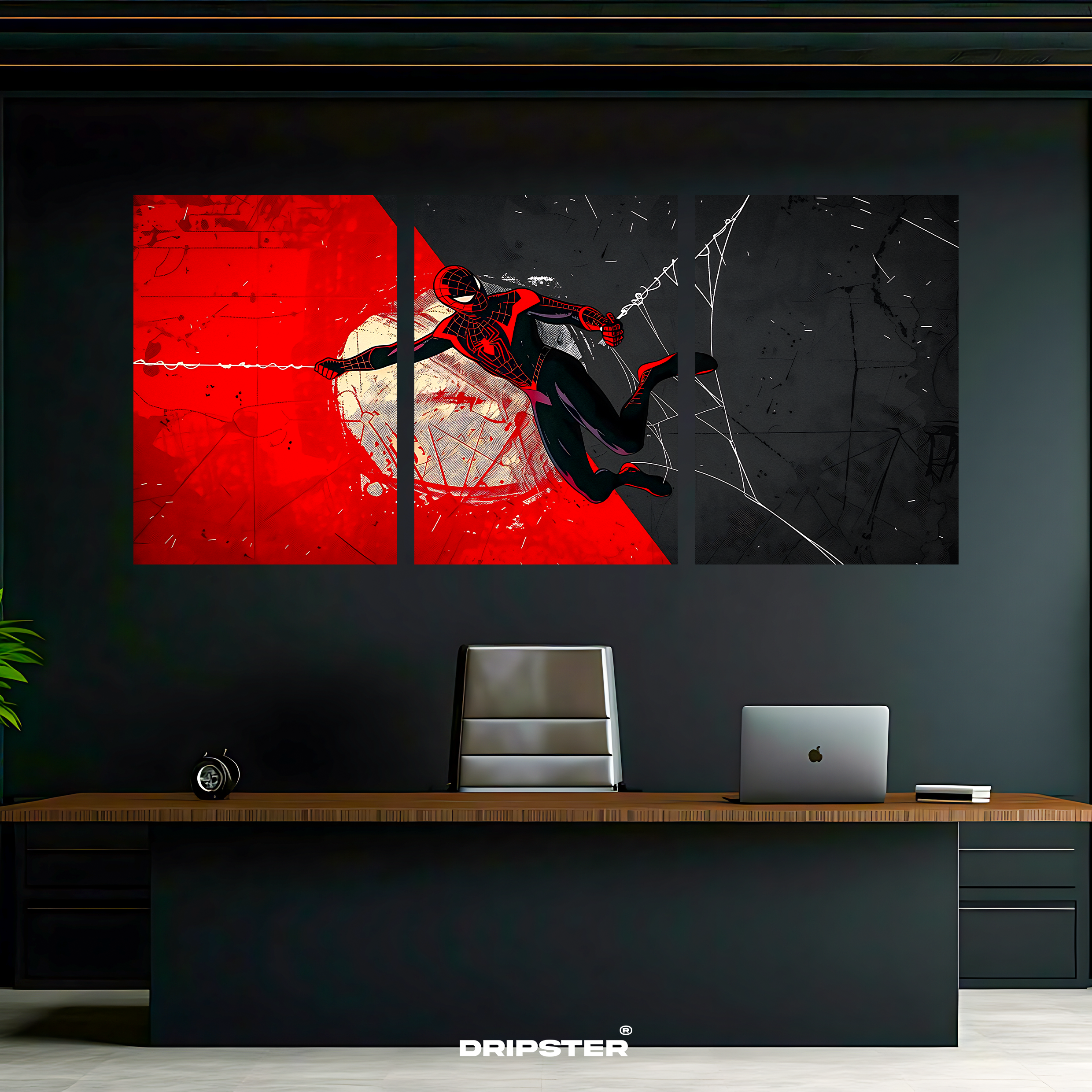 Miles Morales tri-panel poster featuring Spider-Man in black and red suit swinging on web over abstract background