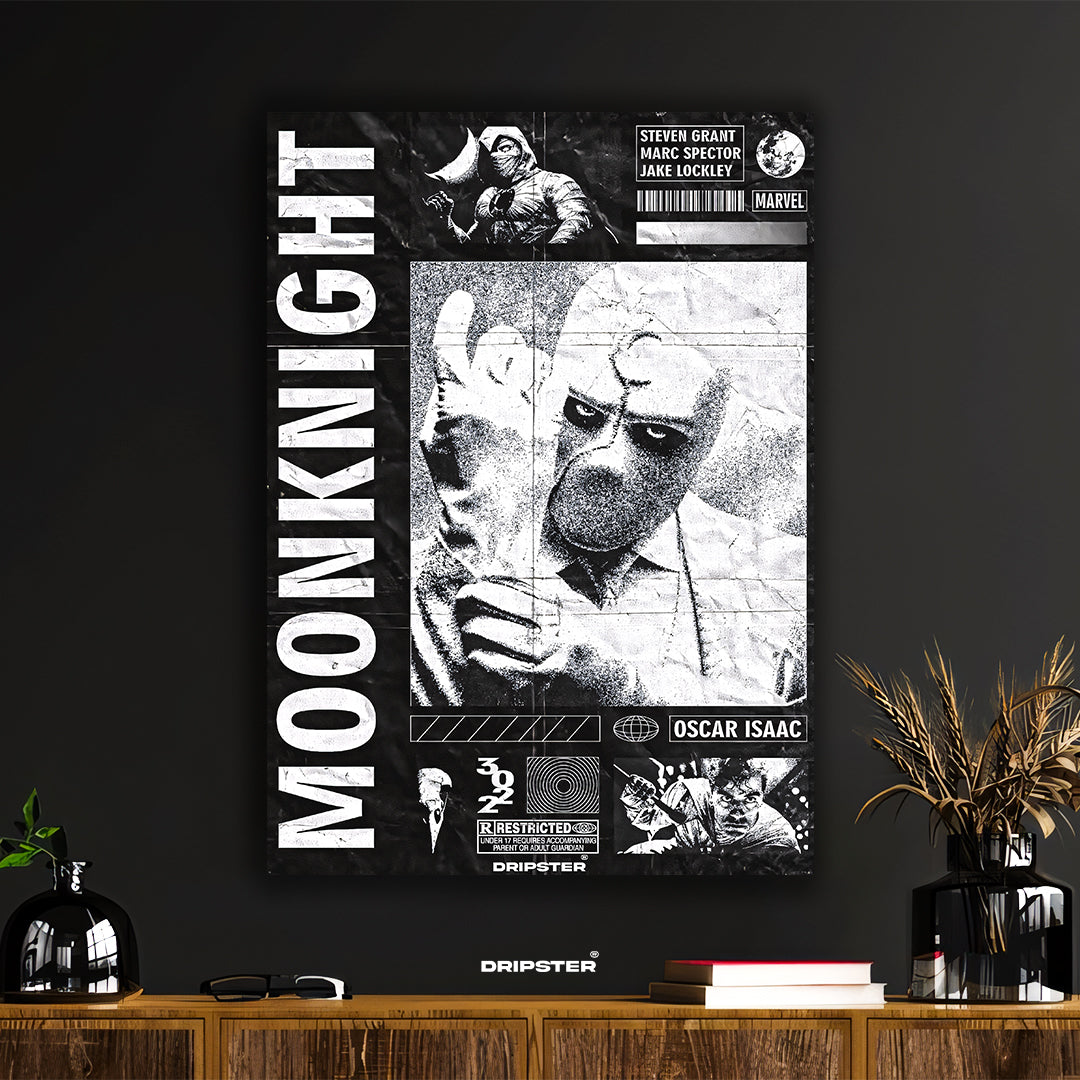 Moon Knight poster by Dripster in black and white featuring Oscar Isaac with graphic comic style design