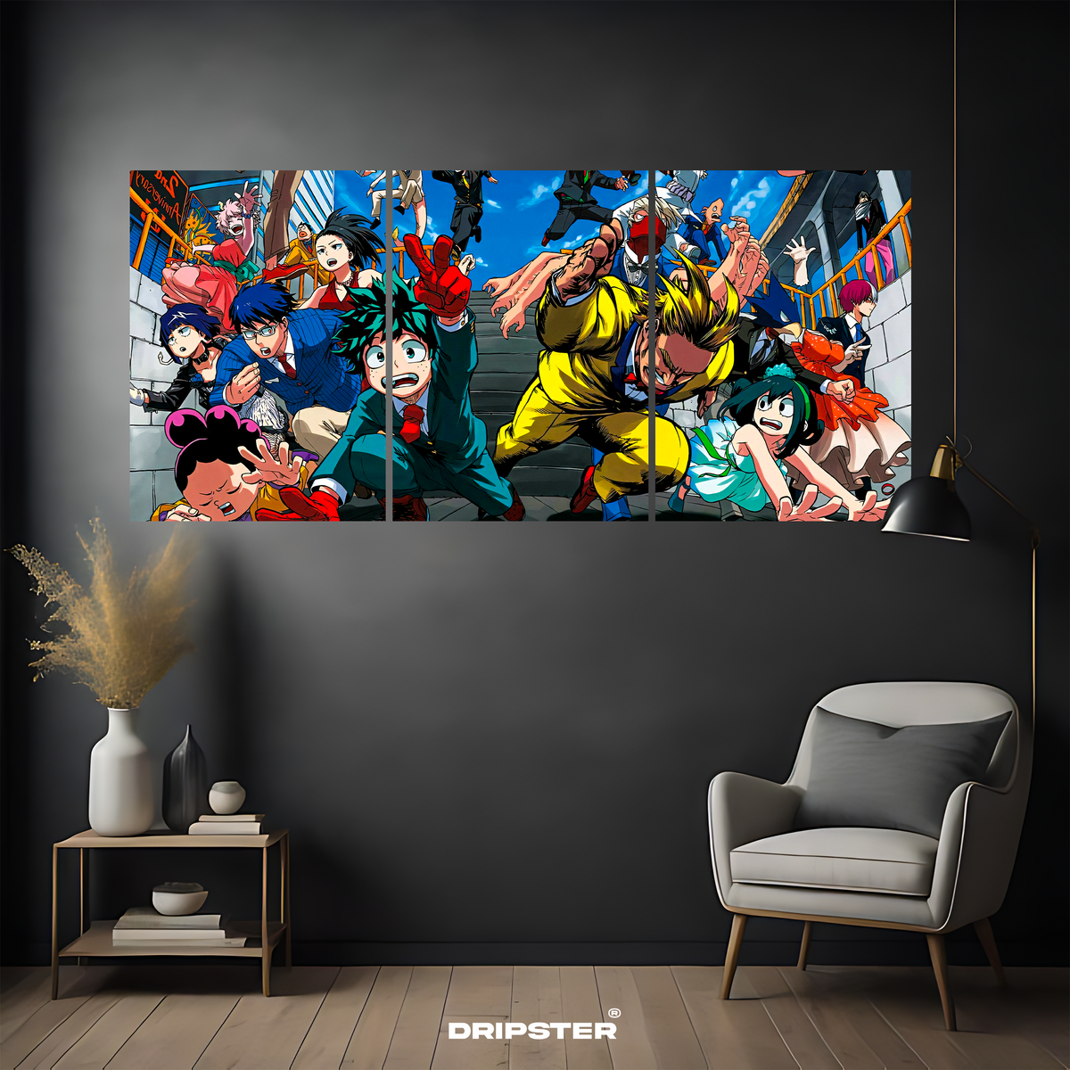 My Hero Academia wall poster by Dripster featuring vibrant anime characters in action split into three panels