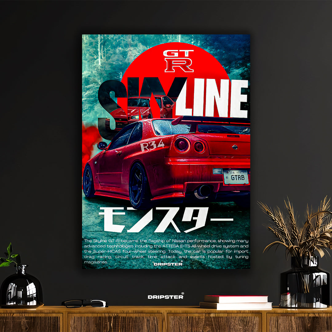 Nissan Skyline R34 poster by Dripster featuring a red GT-R sports car with bold graphics