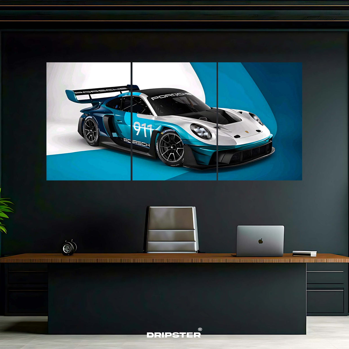 Porsche 911 GT3 poster set by Dripster displayed above a modern office desk