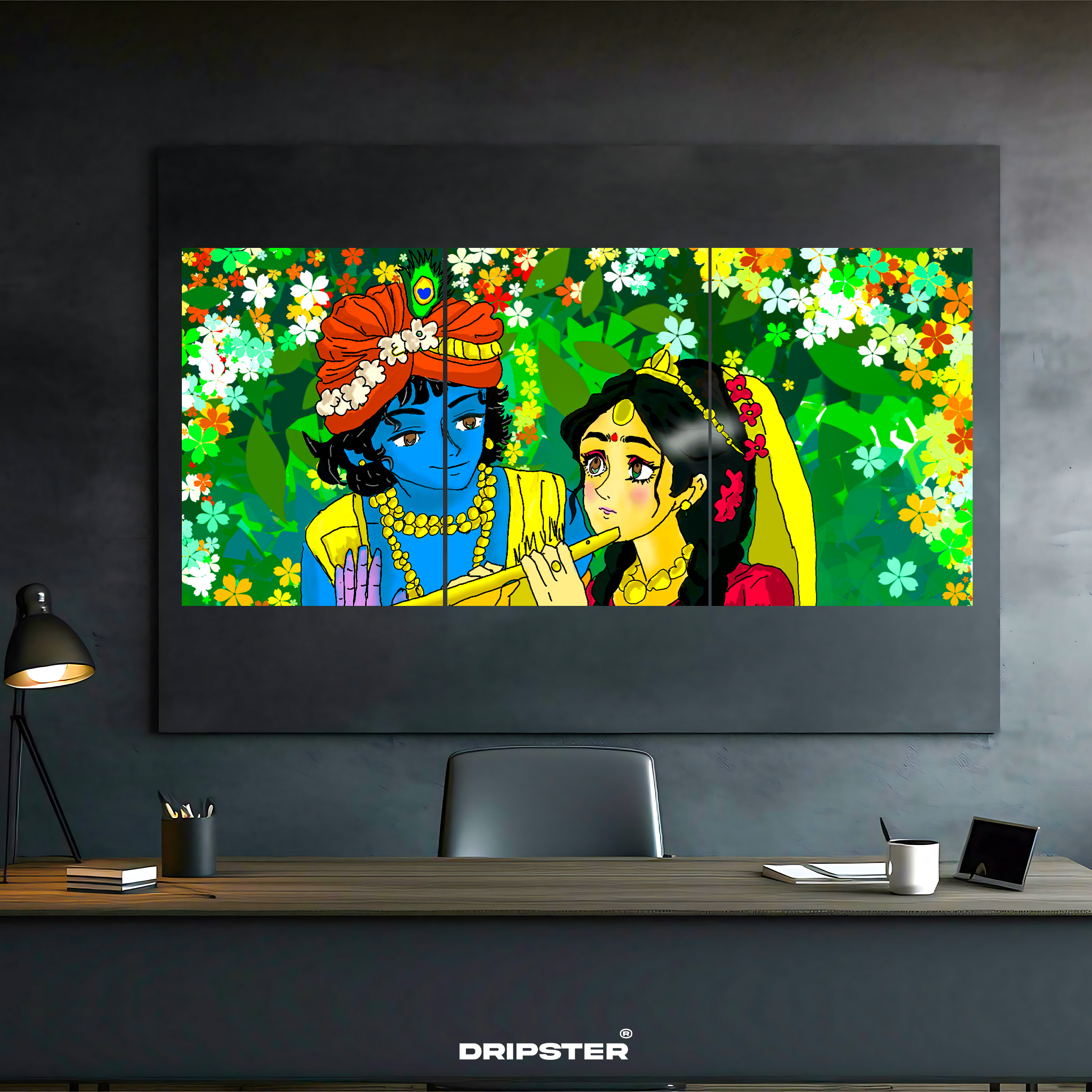 Dripster Radha Krishna wall art poster with vibrant floral background in a modern office setting