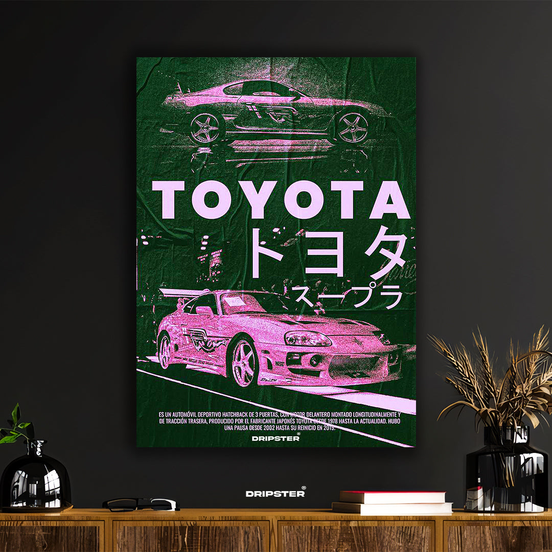 Toyota Supra JDM poster by Dripster featuring stylized pink sports car artwork on green background