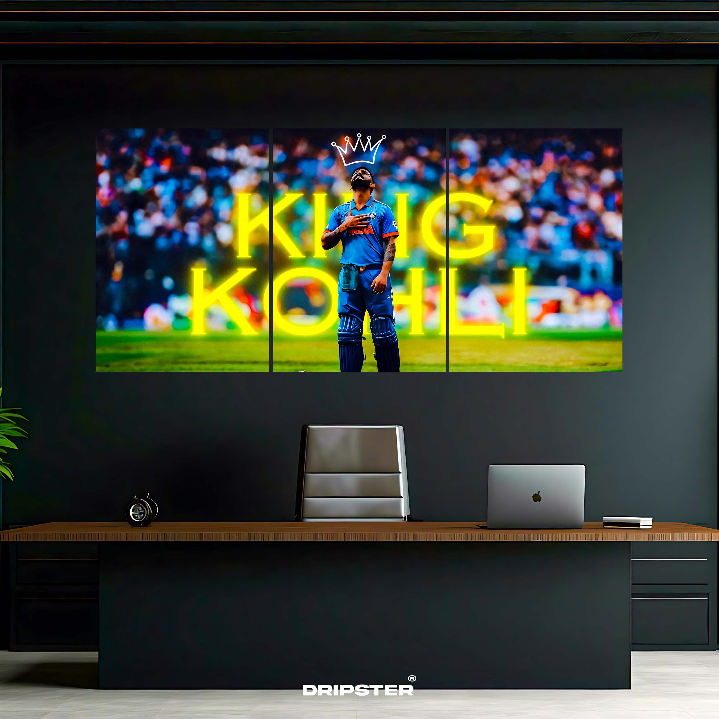 Virat Kohli legend wall poster by Dripster featuring cricket player with crown and King Kohli text