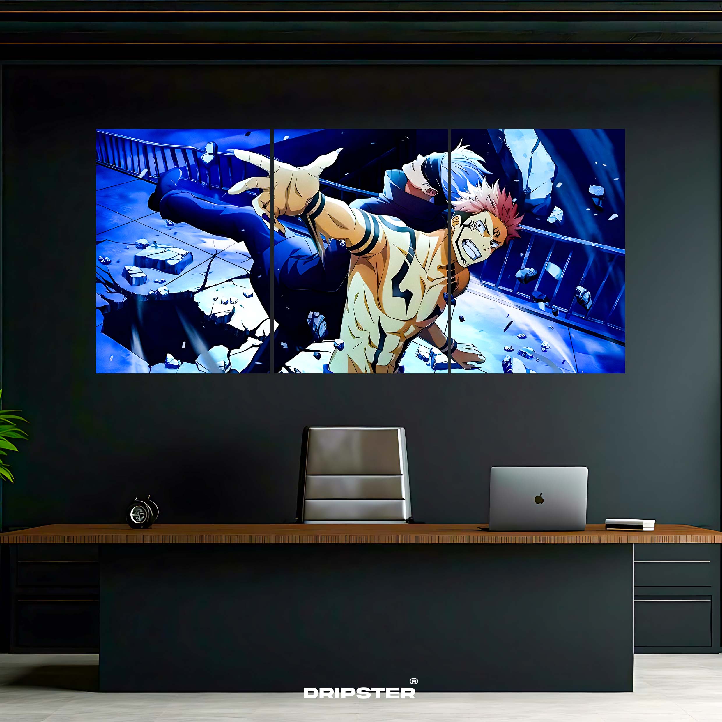 Yuji Itadori vs Sukuna poster set displayed above a modern desk in a dark office setting by Dripster