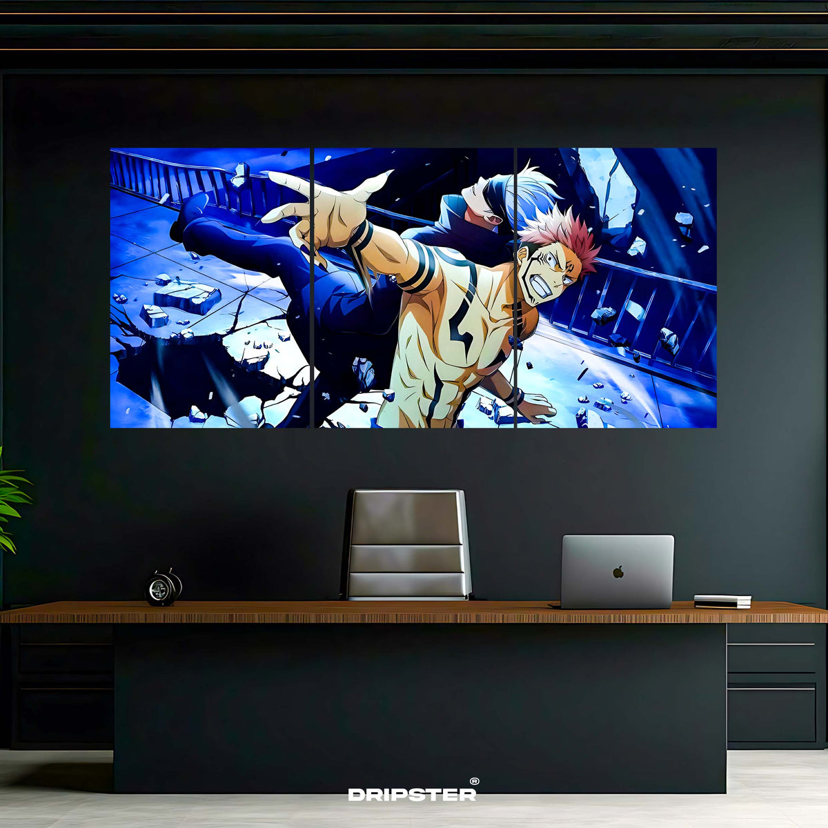 Yuji Itadori vs Sukuna poster set displayed above a modern desk in a dark office setting by Dripster