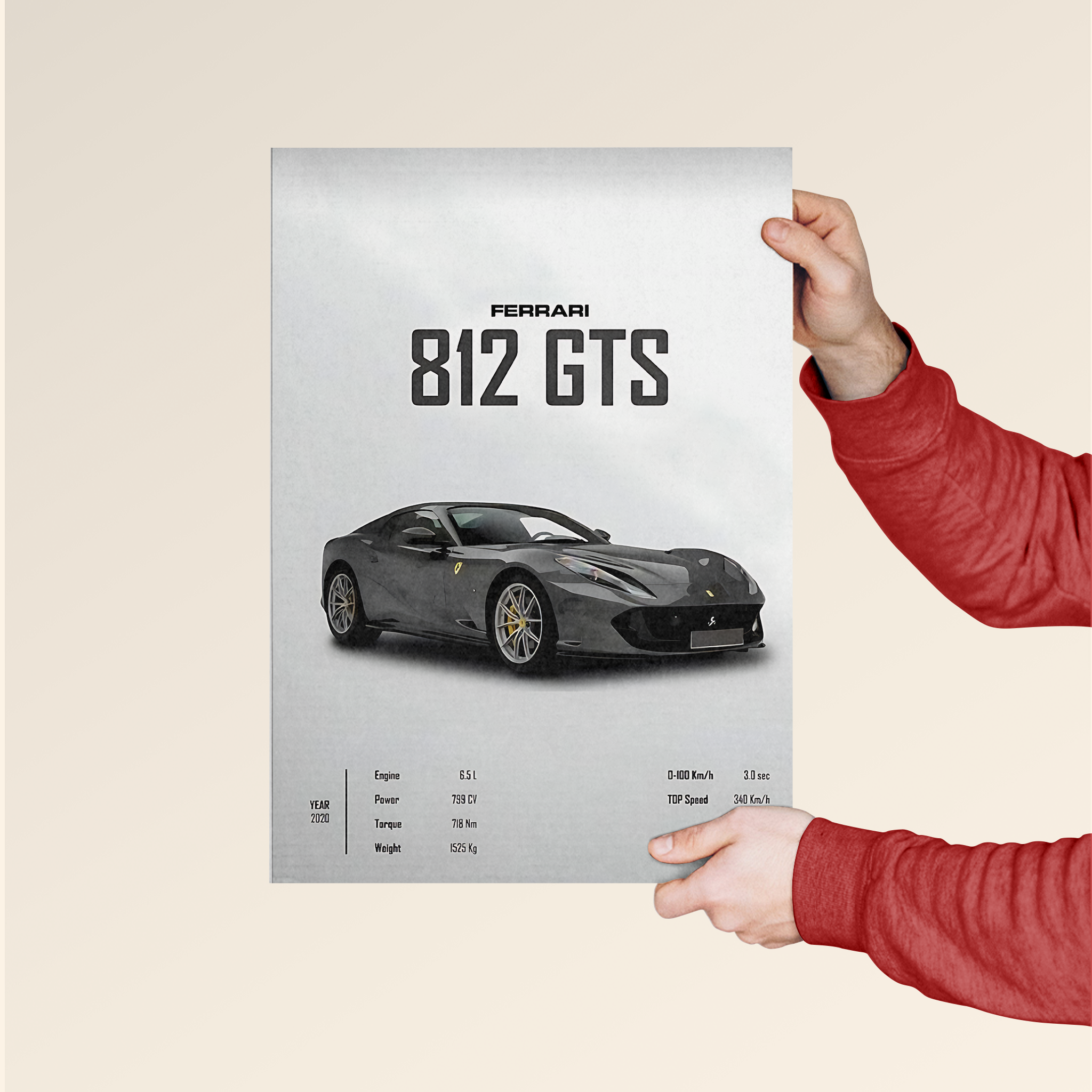 Ferrari 812 GTS poster showcasing the car's sleek design and specs for automotive enthusiasts