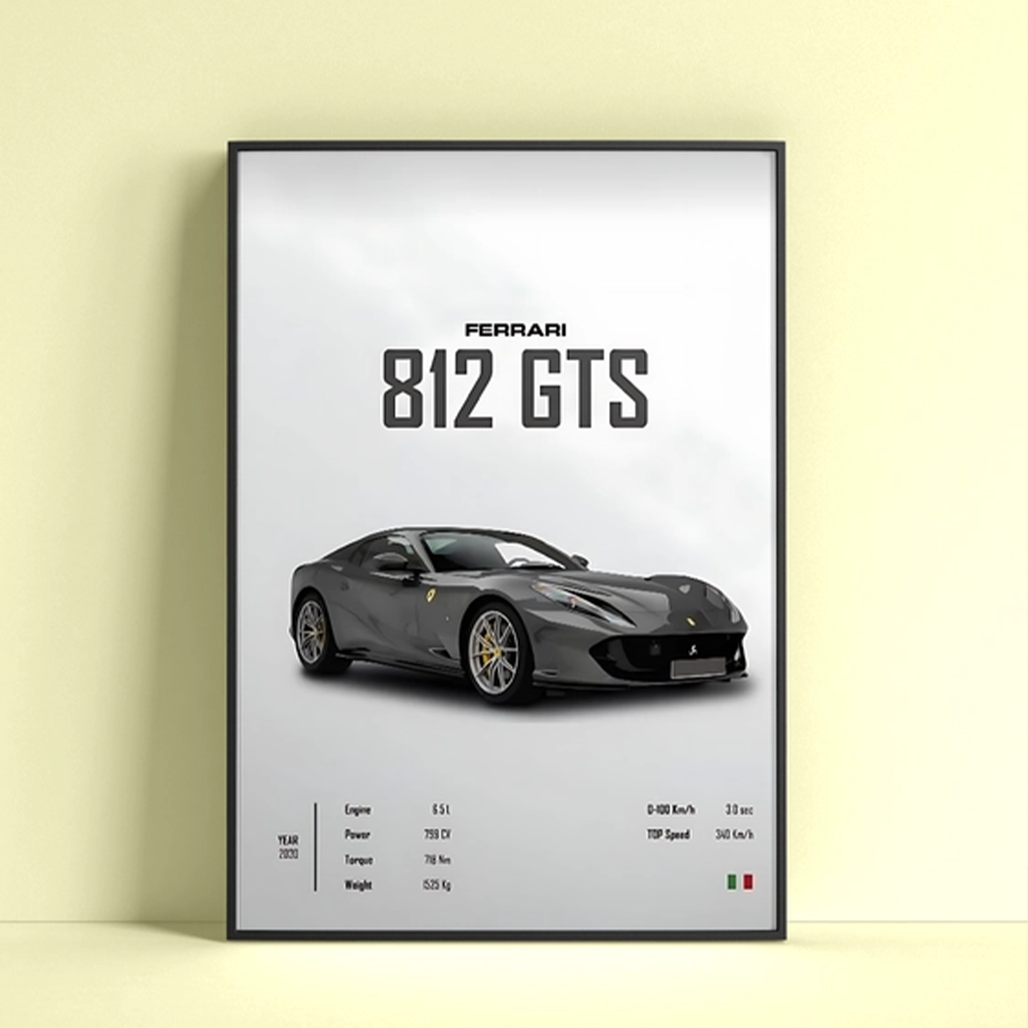 Ferrari 812 GTS poster featuring sleek design and detailed specifications