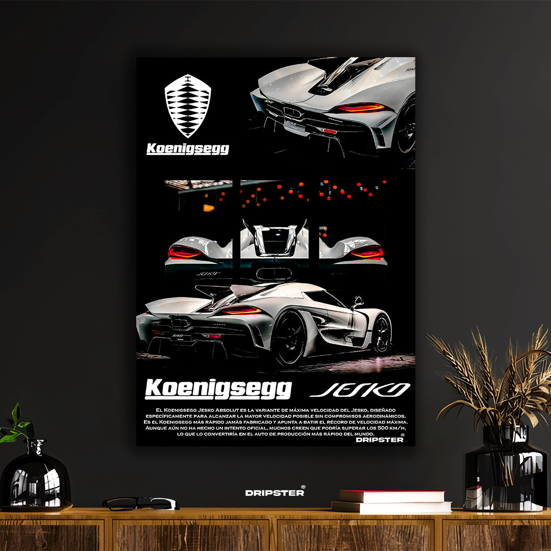 Koenigsegg Jesko Absolut poster by Dripster featuring detailed rear and side views of the silver hypercar