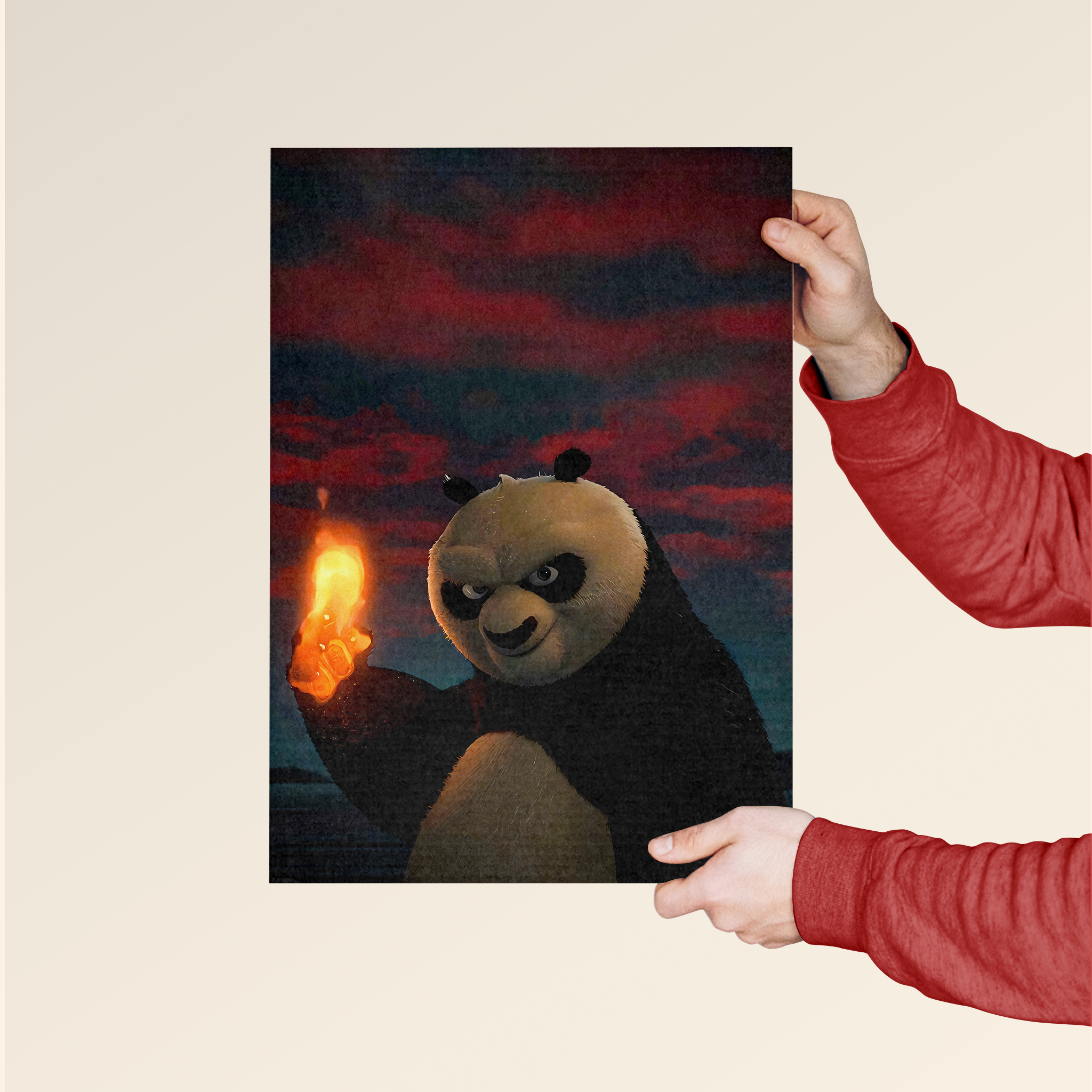 Kung Fu Panda poster online showing Po holding a glowing fireball against a dark red sky