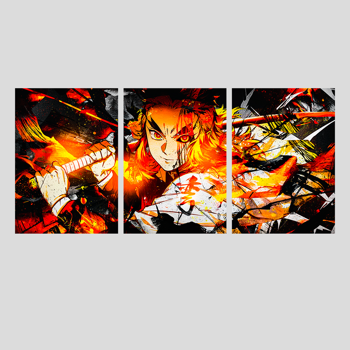 Kyōjurō Rengoku split poster by Dripster featuring vibrant fiery anime character artwork in three panels