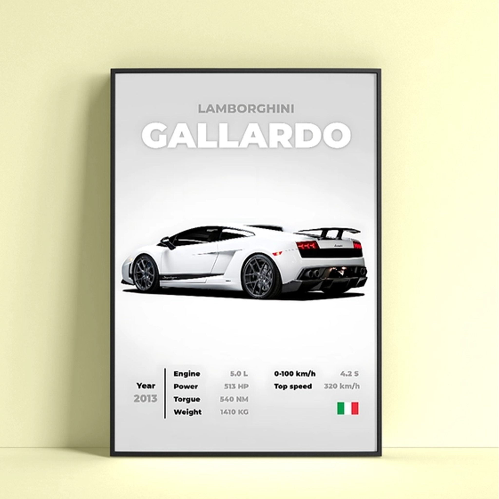Lamborghini Gallardo poster featuring white car design and specifications on a minimalist background