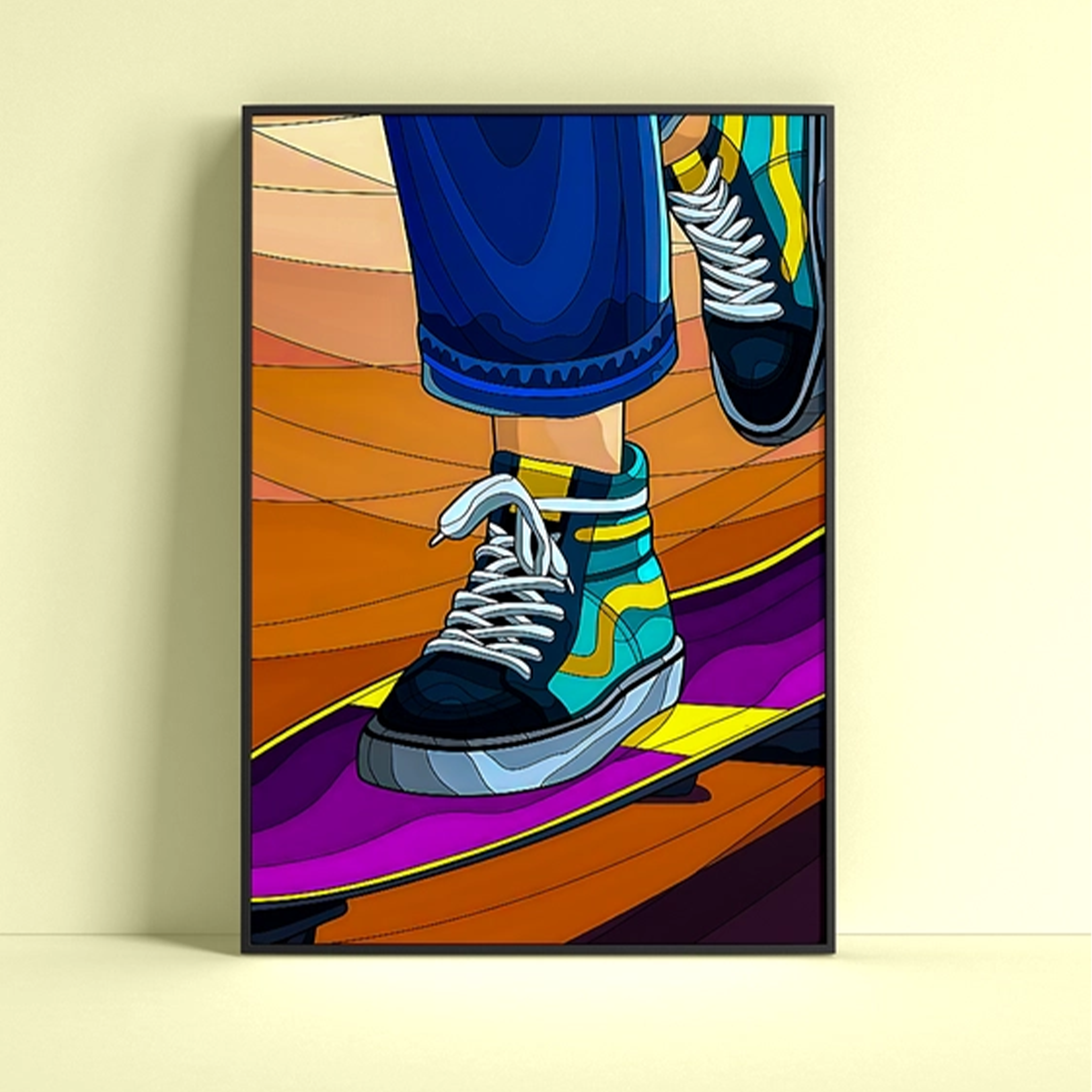 Colorful modern skateboard poster featuring a person riding a skateboard in stylish sneakers