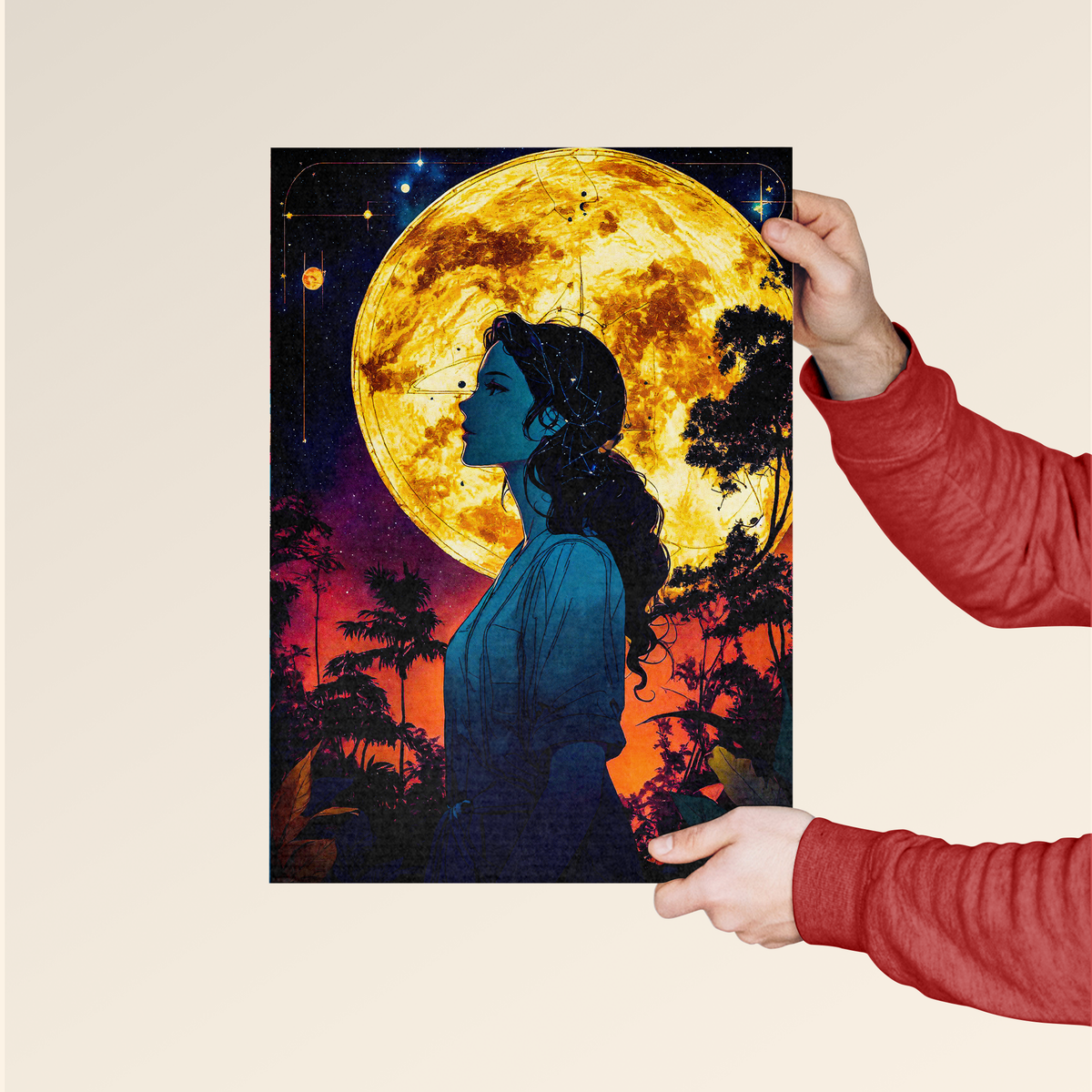 Moon Lady wall poster featuring a silhouette of a woman against a glowing moon and lush trees