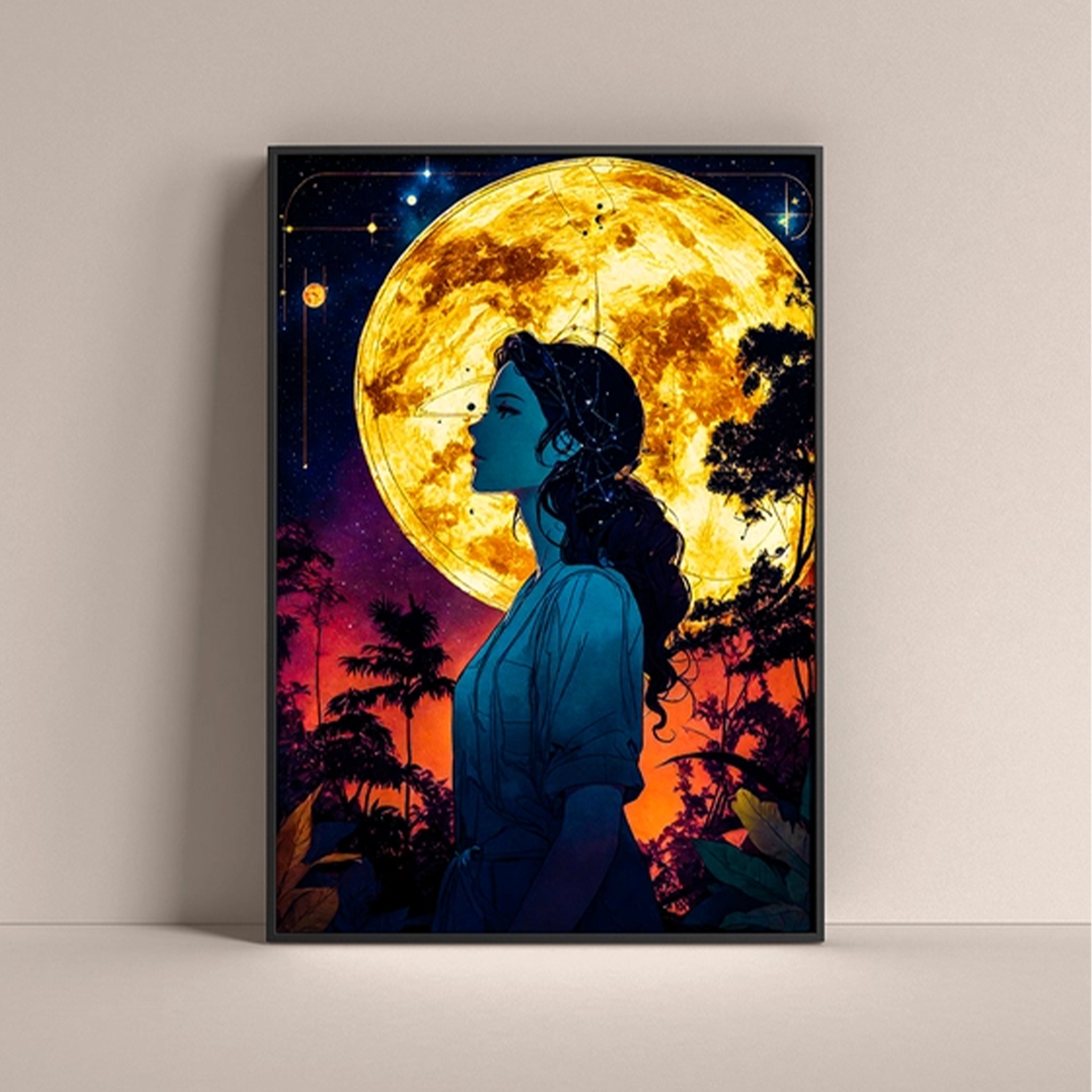 Moon Lady wall poster featuring a silhouette of a woman against a vibrant moonlit background