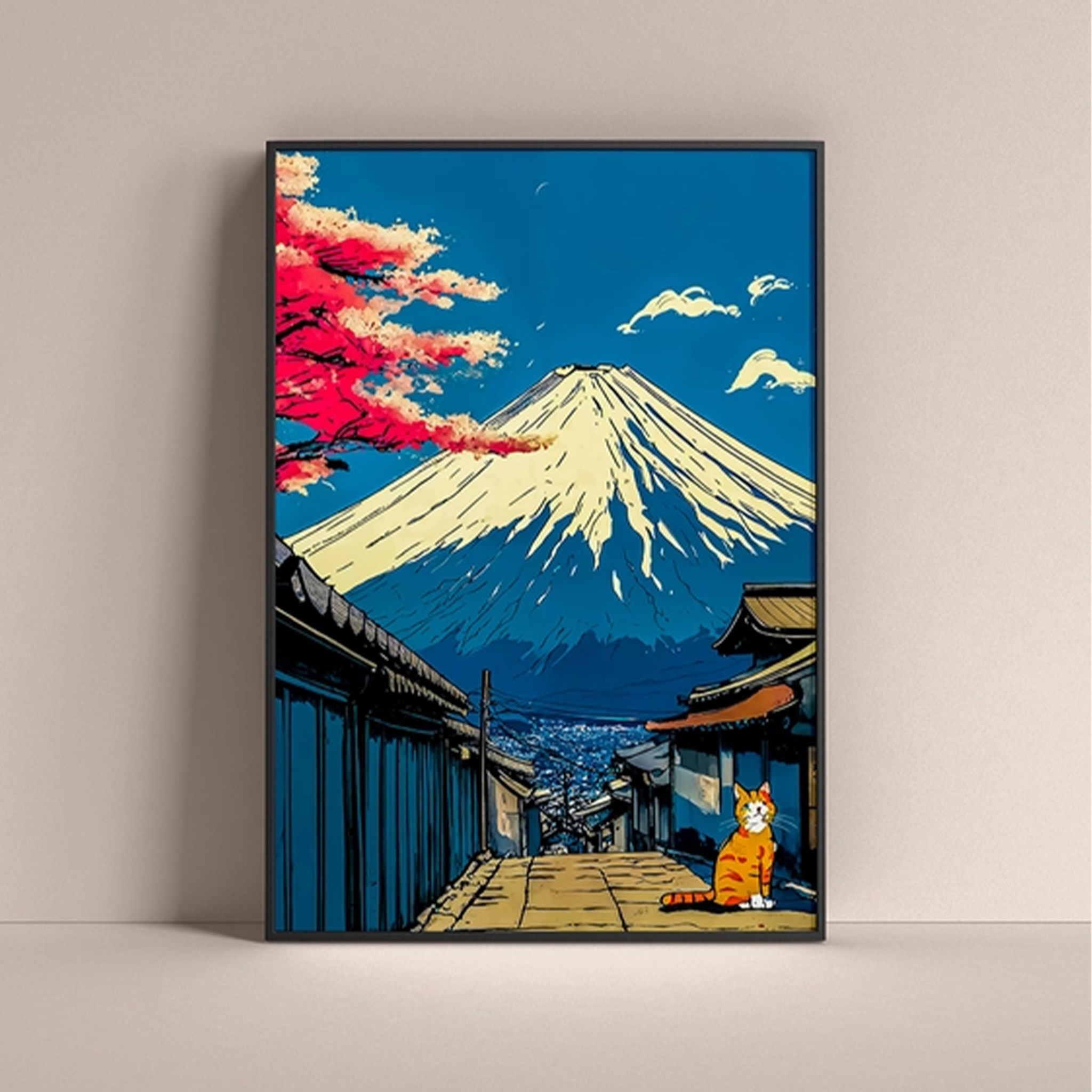Dripster Mount Fuji wall art featuring vibrant colors and a serene landscape with a cat