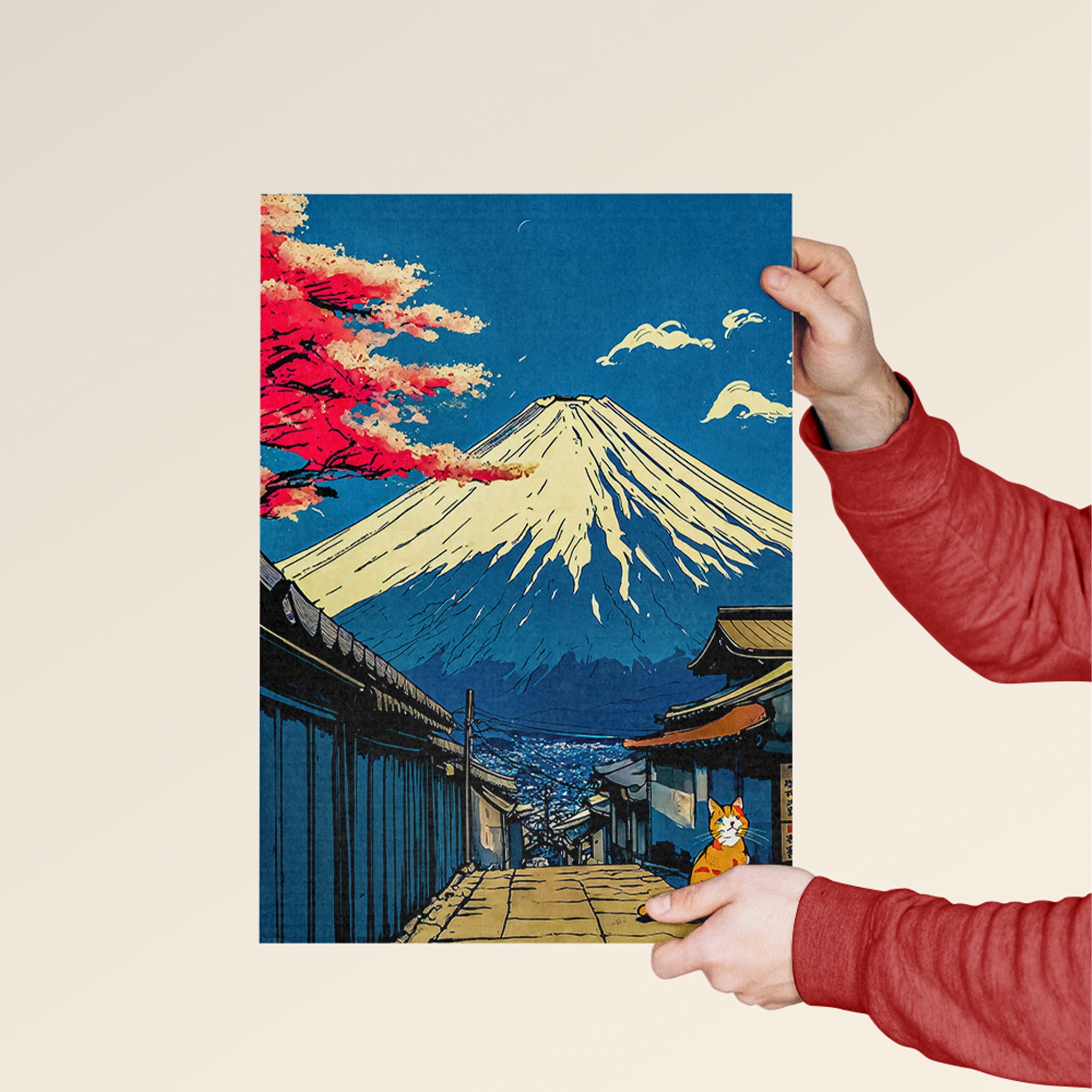 Person holding Mount Fuji wall art featuring vibrant colors and landscape details
