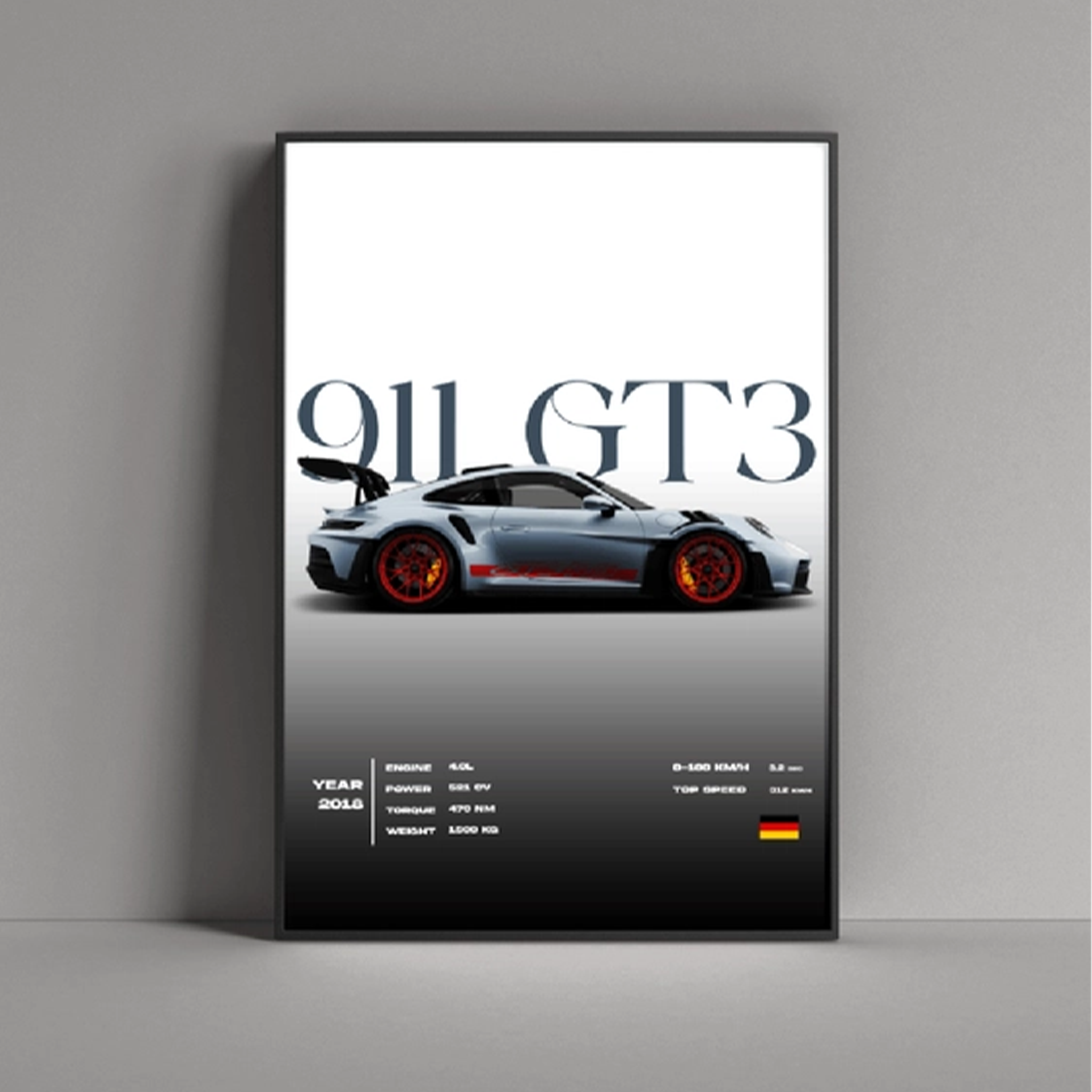 Porsche 911 GT3 poster featuring a side view of the car with specifications and sleek design