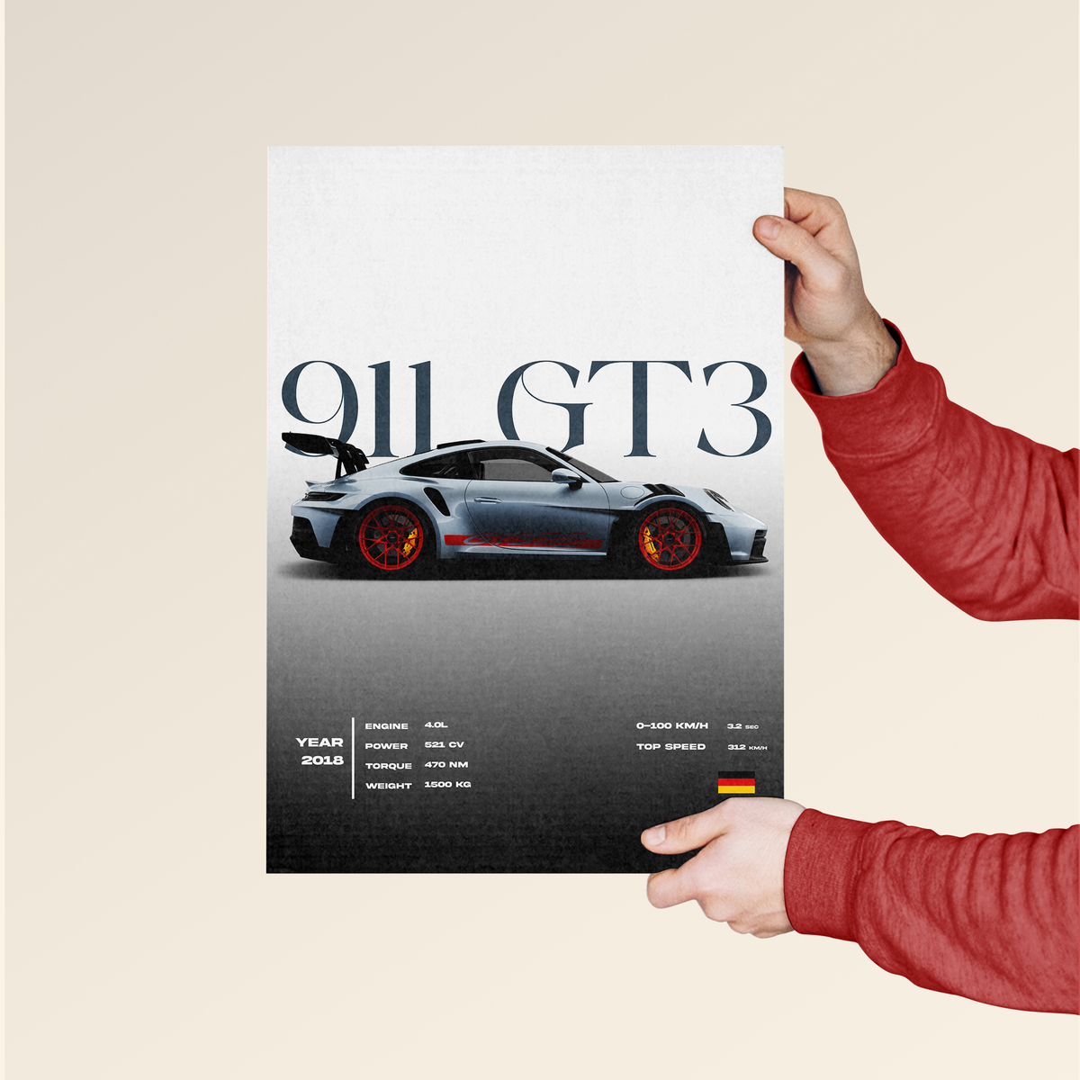Porsche 911 GT3 poster featuring a stylish design with specifications and a sleek car image