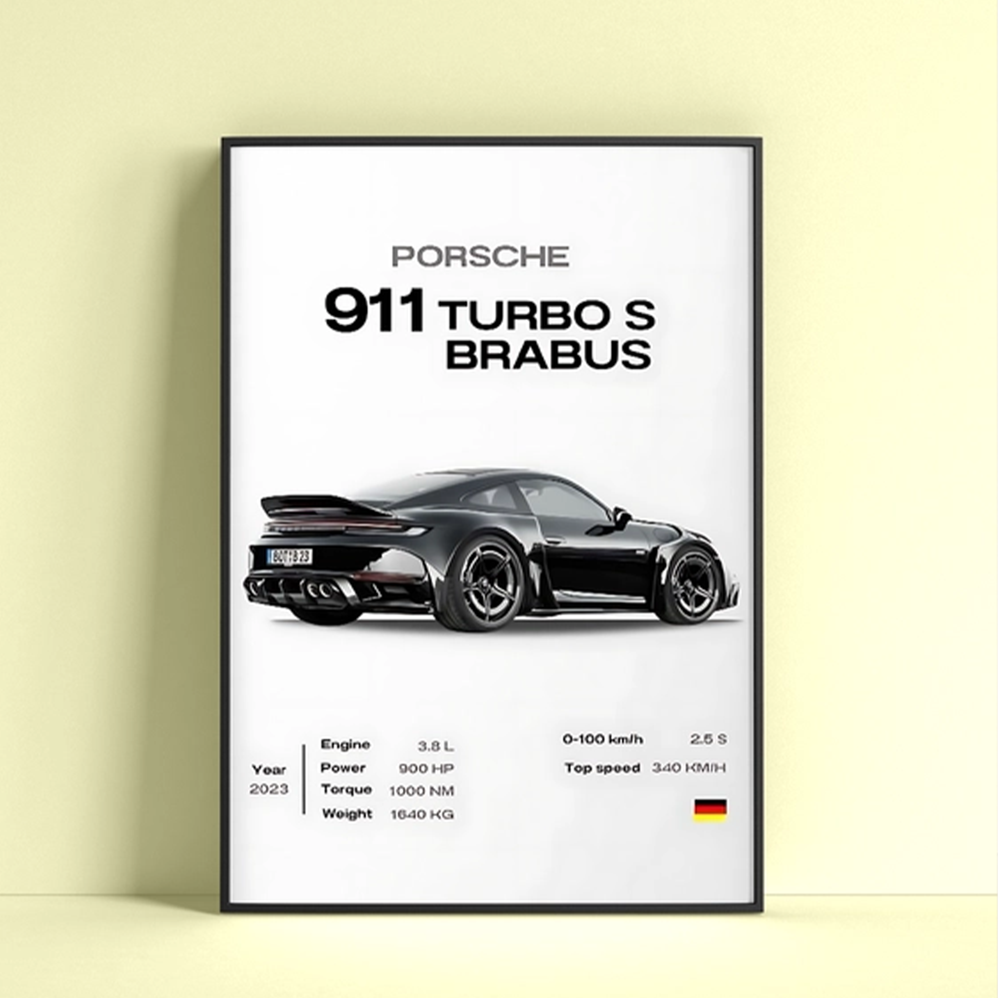 Porsche 911 Turbo S Brabus poster by Dripster featuring black sports car with performance specs