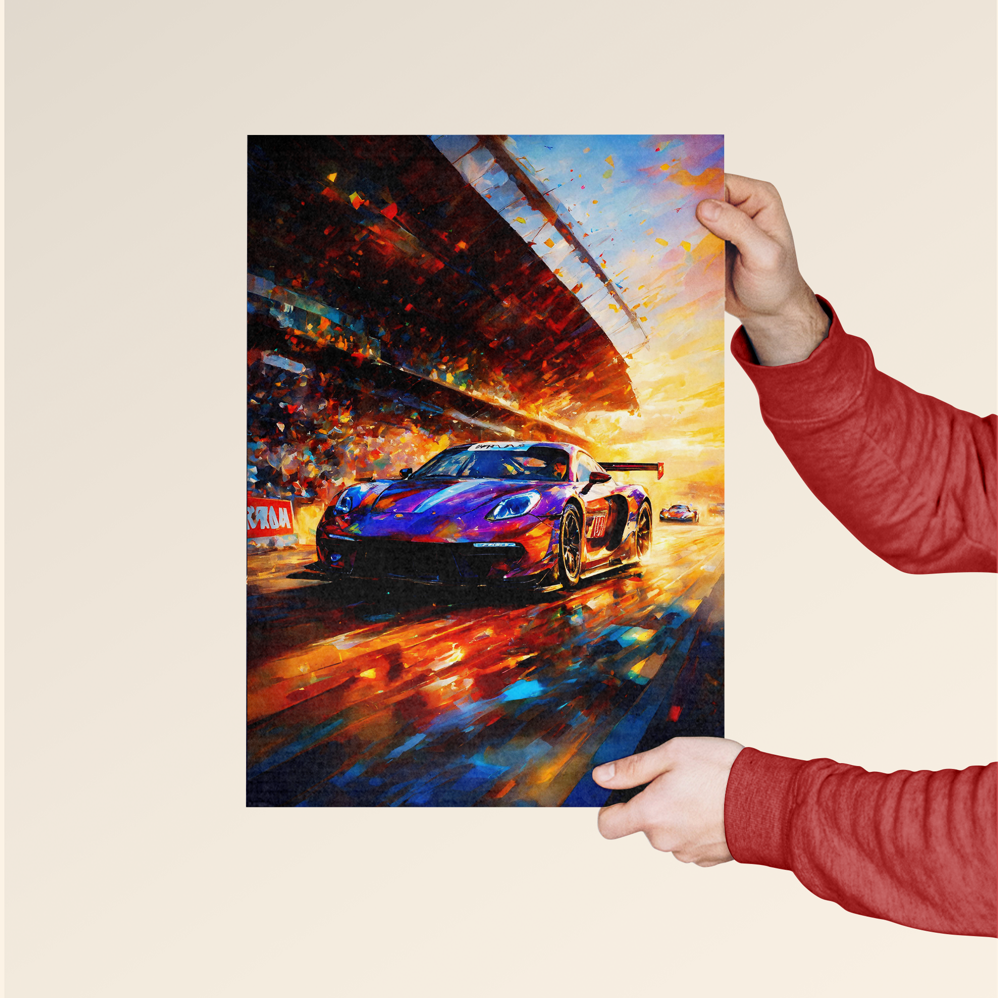 Hand holding Dripster Porsche Taycan poster art featuring vibrant racing scene with colorful dynamic brushstrokes