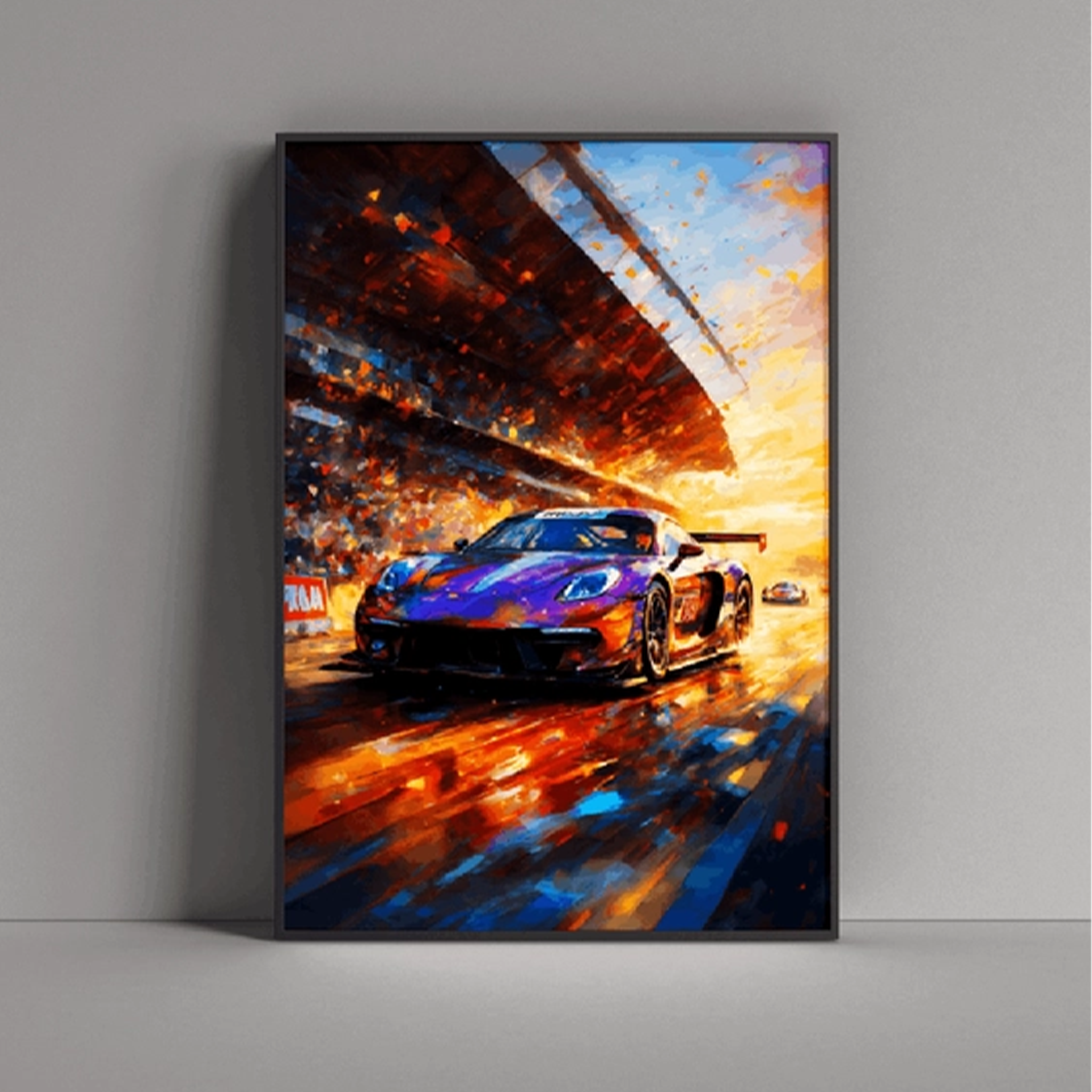 Vibrant Porsche Taycan poster art featuring a dynamic racing scene with vivid colors
