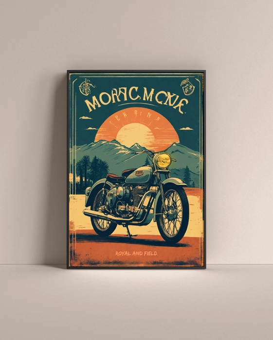 Vintage Royal & Field wall art poster featuring a classic motorcycle in a scenic landscape