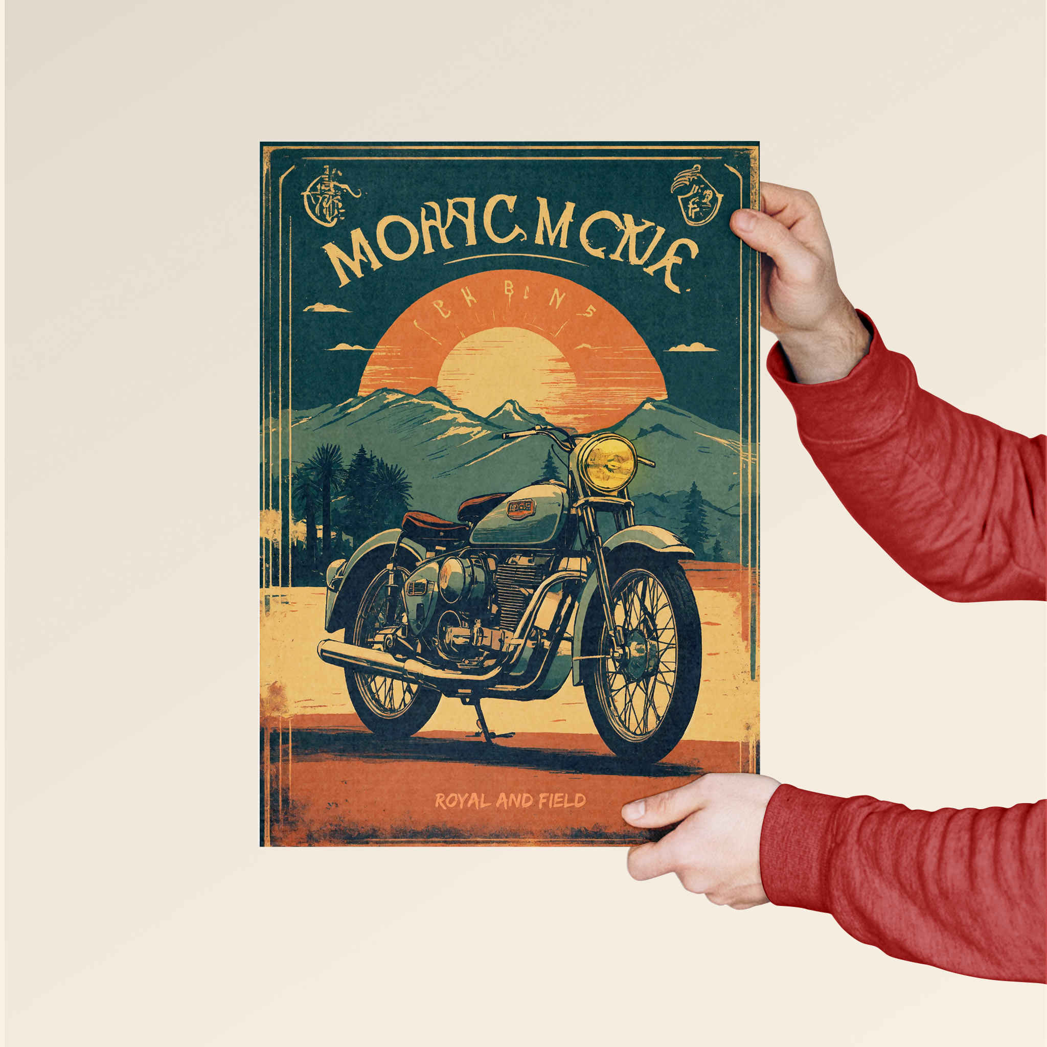 Vintage style Royal & Field wall art poster by Dripster featuring a classic motorcycle with mountain and sunset background