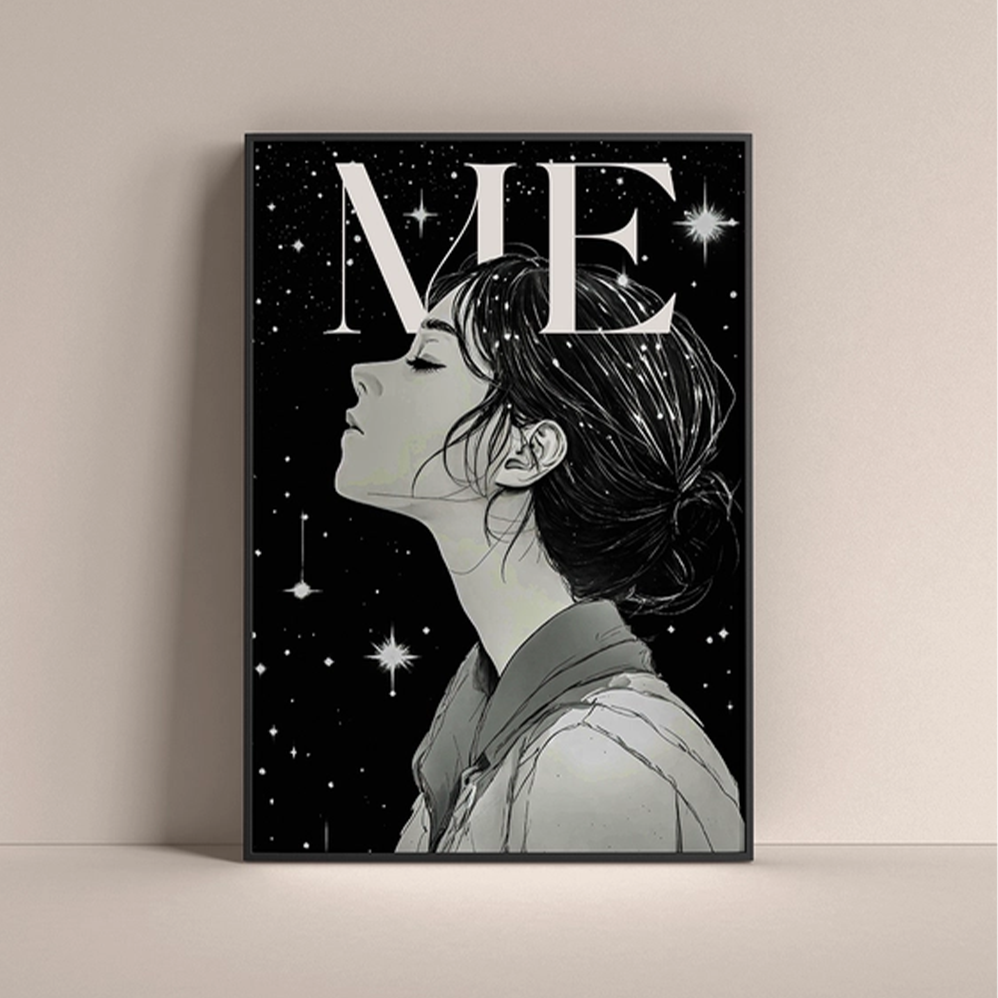 Dripster self love wall art poster featuring a profile of a woman against a starry background