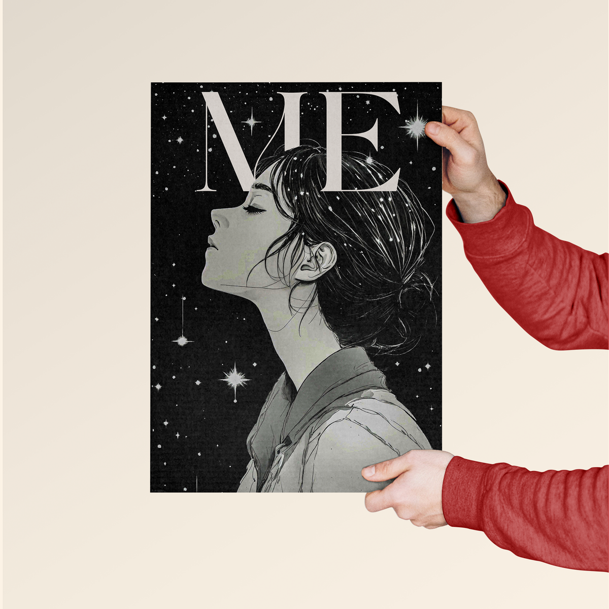 Dripster self love wall art poster featuring a serene woman in profile against a starry background