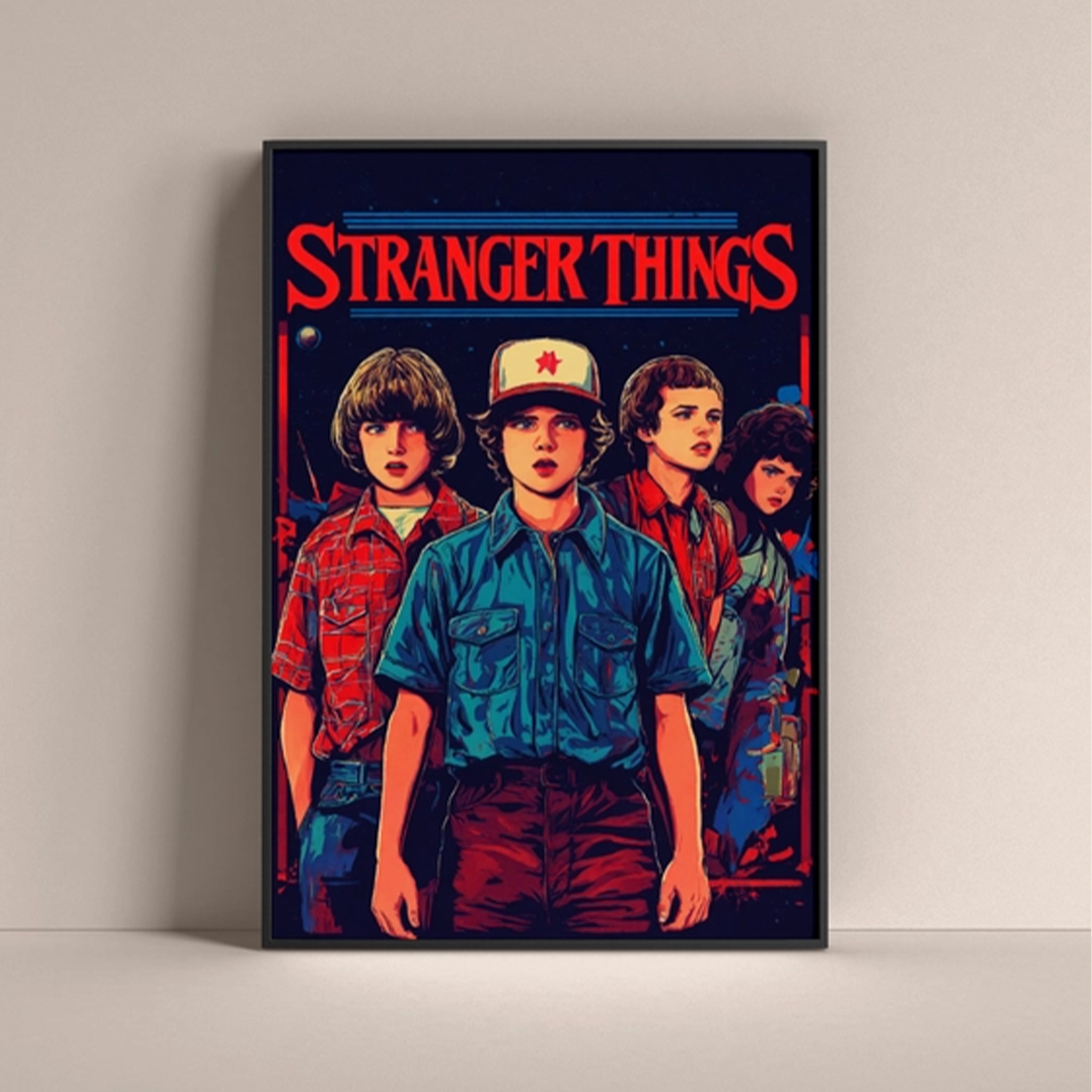 Stranger Things poster featuring four main characters in retro colors and styles