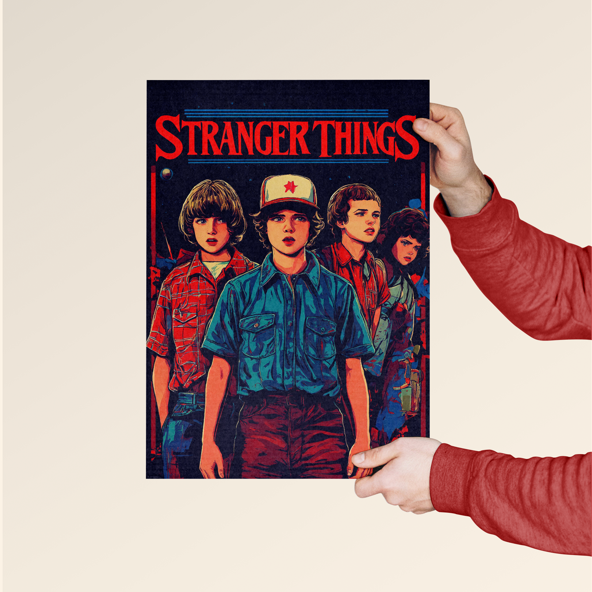 Stranger Things poster by Dripster featuring main characters in retro style held by person
