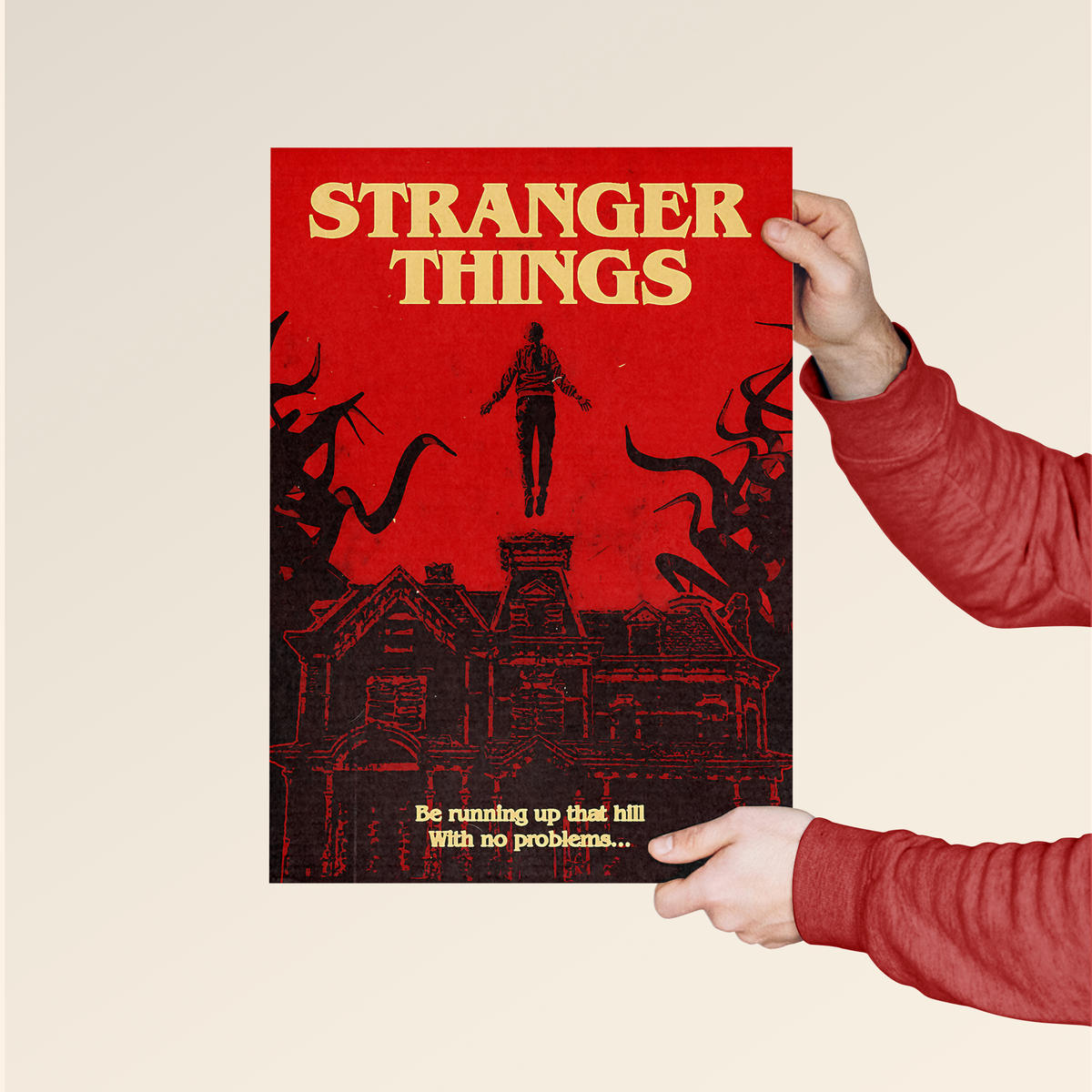 Dripster Stranger Things wall poster featuring red and black design with character levitating above house